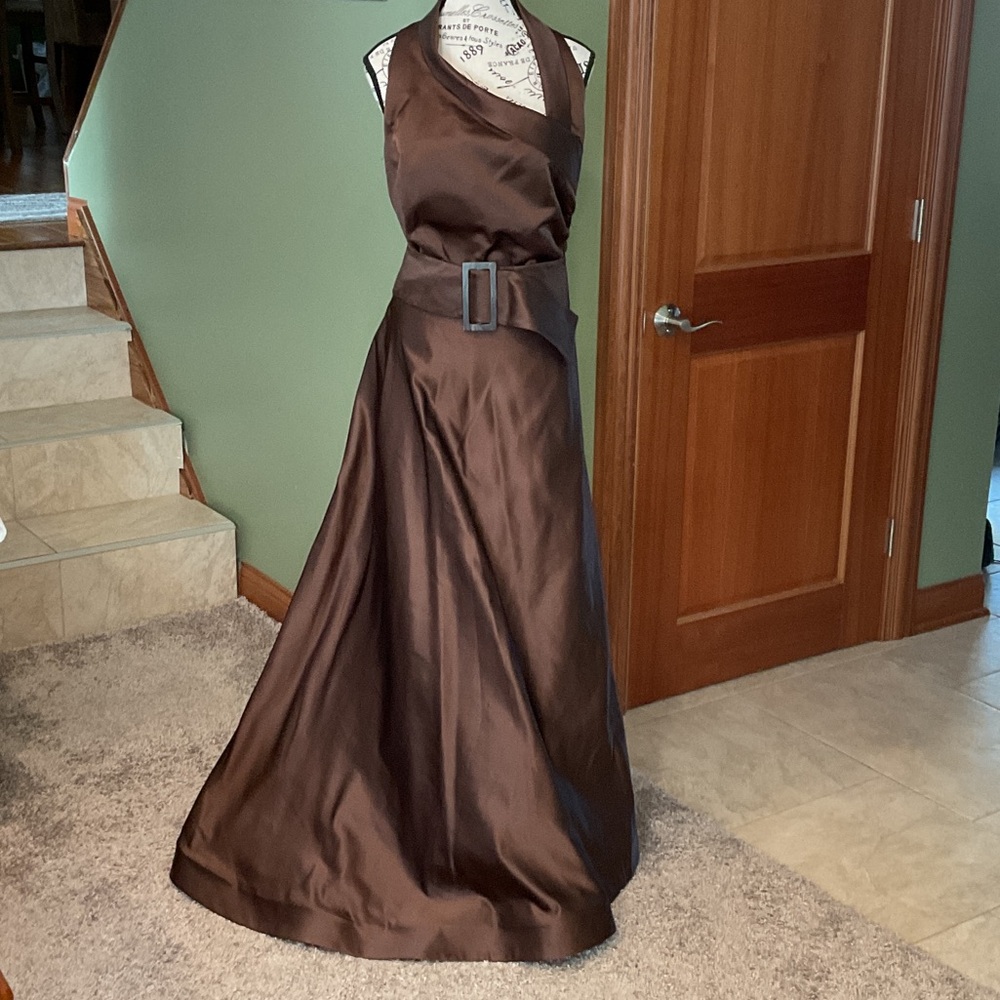 Chic Brown Satin Maxi Skirt and Top, Size 10/12